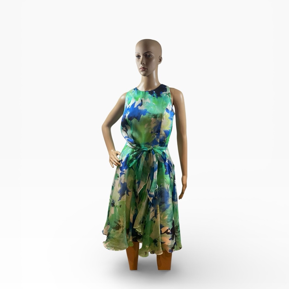 Carmen Marc Valvo Green & Blue Watercolor Tie-Waist Midi Dress Size 8
